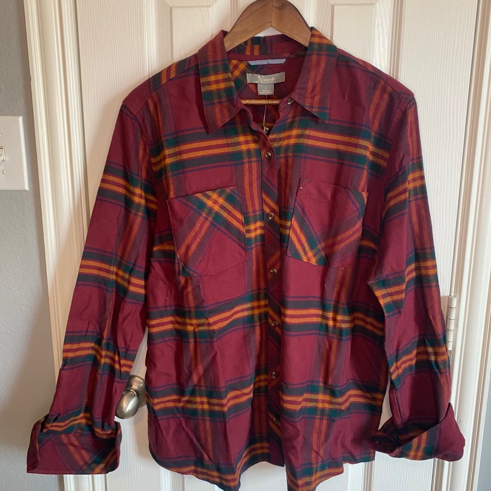 Natural Reflections Burgundy Plaid Flannel Button Down Shirt Women Large Cotton